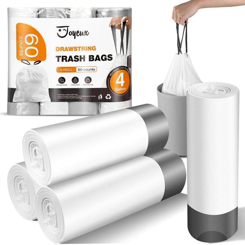 joyeux Small Trash Bags 4 Gallon - 60 Count Drawstring Unscented Small Garbage Bags, White Trash Can Liners for Bathroom, Bedroom, Office - Image 1